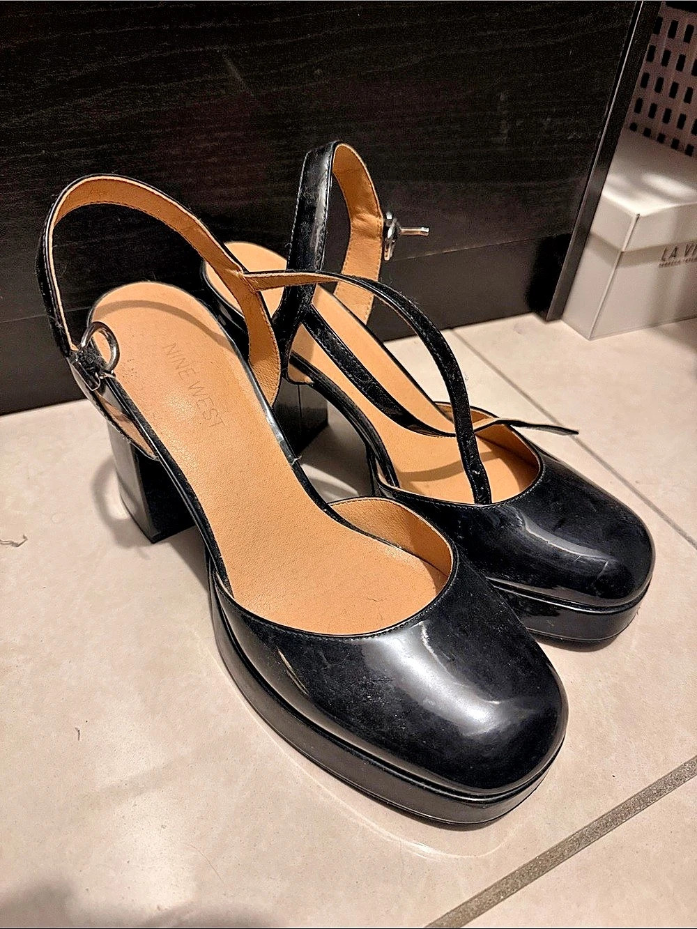 Nine West Black Strappy Platform Heels